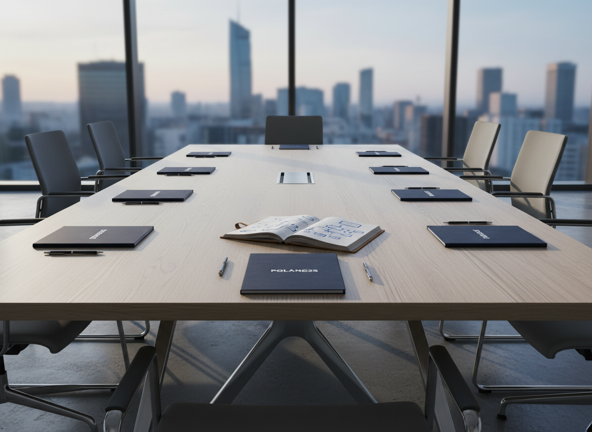 An elegant, large conference table crafted from pale Polish oak dominates the center of a minimalist boardroom, its surface neatly arranged with embossed navy-blue folders bearing a subtle POLANG25 emblem, sleek metal pens, and a single open leather-bound notebook filled with carefully drawn strategy diagrams. Behind the table, a panoramic window reveals a softly blurred modern Polish city skyline at dawn. Cool, diffused morning light washes across the room, catching the gentle grain of the wood and the brushed steel chair legs, casting long, understated shadows. Photographic realism, captured from a slightly elevated, wide-angle perspective with sharp focus throughout, creates a professional, forward-looking atmosphere that feels organized, purposeful, and focused on strategic leadership for Poland’s future.