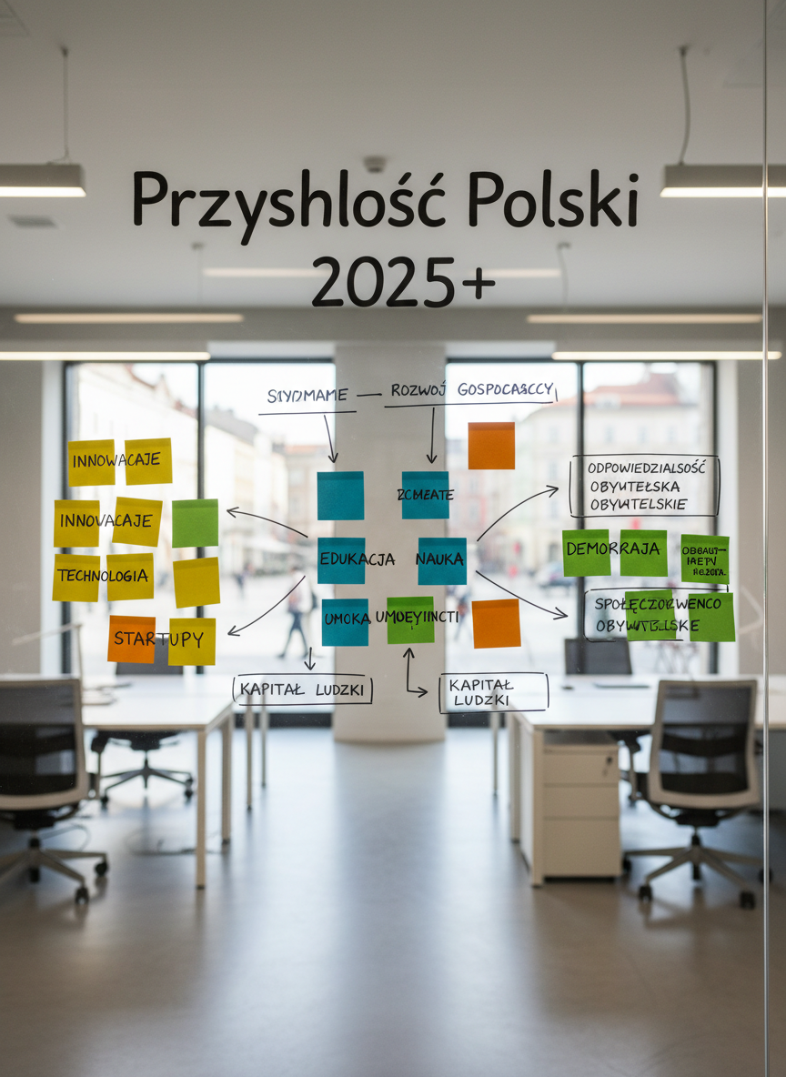 A polished glass wall in a modern office displays a series of color-coded sticky notes and neatly drawn marker diagrams forming a structured roadmap titled “Przyszłość Polski 2025+”. Each note is meticulously written in sharp, dark ink, with arrows and boxes connecting topics like innovation, education, and civic responsibility. The surrounding space is clean and contemporary, with light concrete floors and a distant, defocused view of a city square. Bright but soft overhead lighting and subtle daylight from an unseen window create gentle reflections on the glass. Shot straight-on at eye level in photographic realism, the composition uses the rule of thirds to emphasize the structured plan, conveying clarity, collaboration, and disciplined long-term thinking in Polish leadership development.